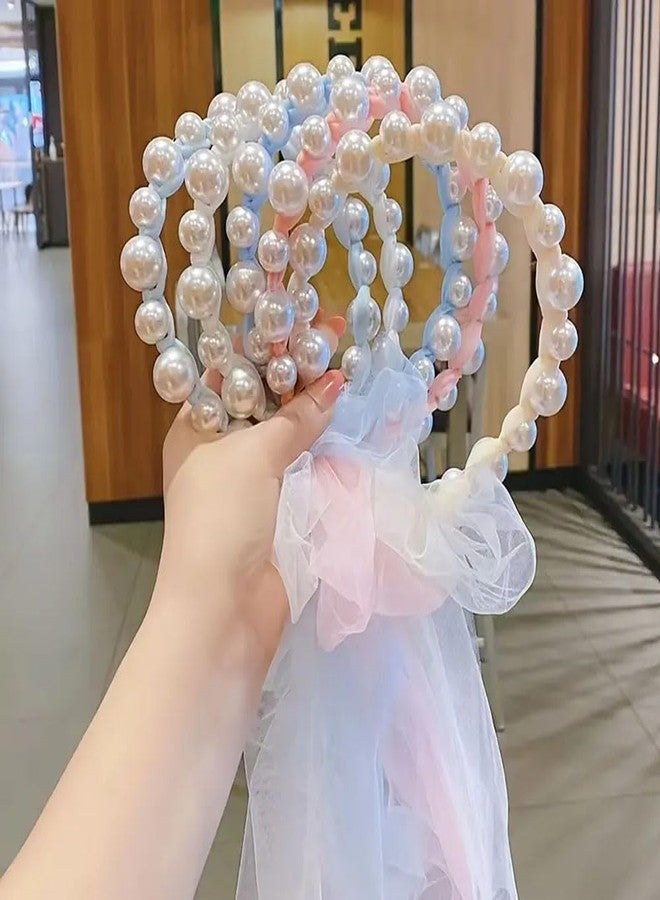 Ashkash 1Pcs Kids Girls Pearl Headbands with Chiffon Ribbon, White Pearl Hairbands Bridal Hair Hoop Cute Headbands Party Wedding Hair Accessories - Random Color - Image 5